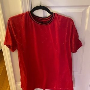 Red and translucent gold shirt with bees